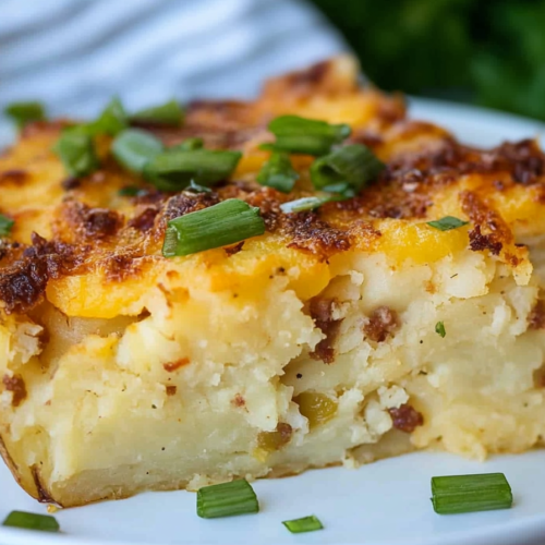 Close-up of creamy potato layers under a golden cheese crust, scattered with smoky bacon pieces.
