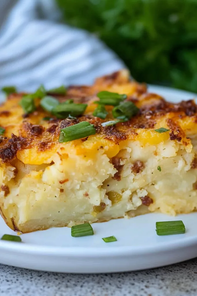 Close-up of creamy potato layers under a golden cheese crust, scattered with smoky bacon pieces.