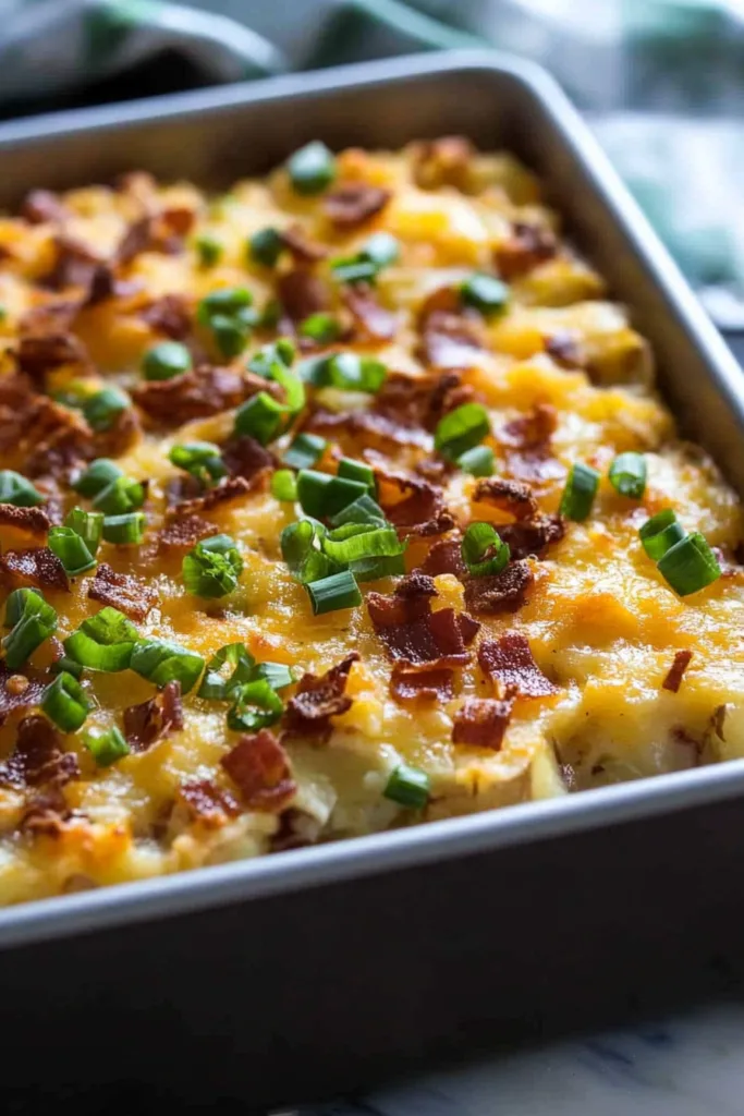 Loaded Twice Baked Potato Casserole fresh from the oven, with browned cheese and vibrant toppings.