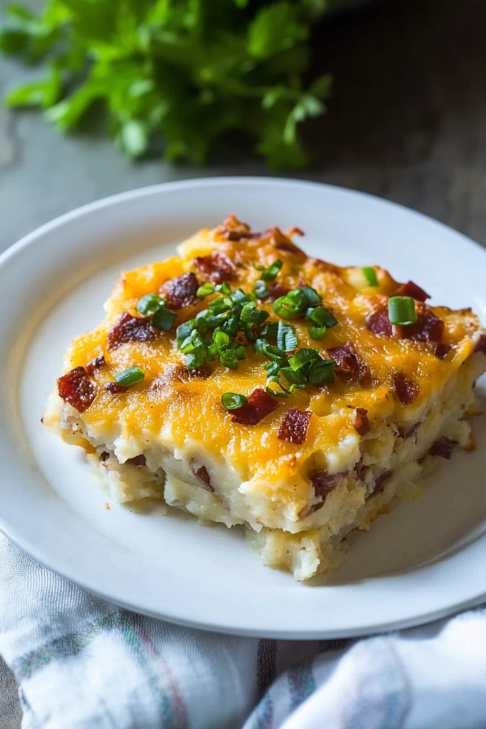 Creamy mashed potatoes baked with melted cheese, bacon, and green onions.