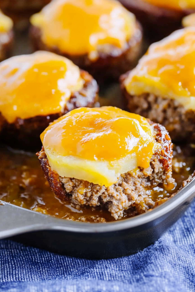Mini meatloaf topped with melted cheese and parsley, served on a dark plate.