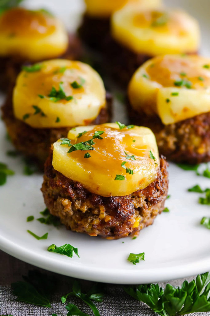 Golden-topped meatloaf bites garnished with fresh herbs on a serving plate.