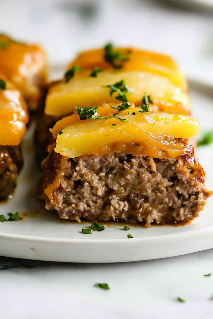 Savory meatloaf stack with potatoes and melted cheese, ready to serve.