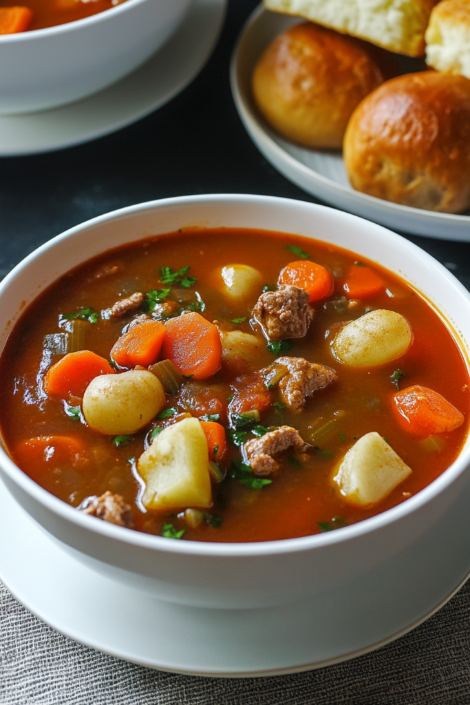 Warm bowl of thick vegetable and beef stew ready to serve.