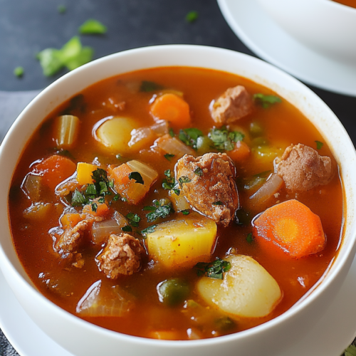 Close-up of chunky stew with carrots, potatoes, and tender beef