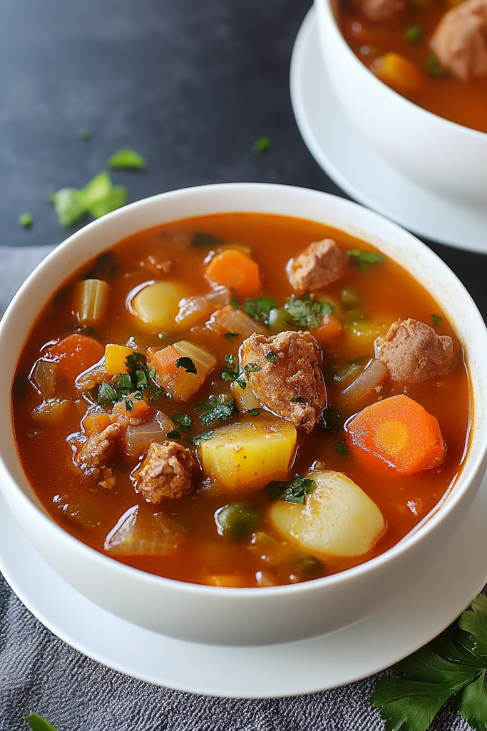 Close-up of chunky stew with carrots, potatoes, and tender beef