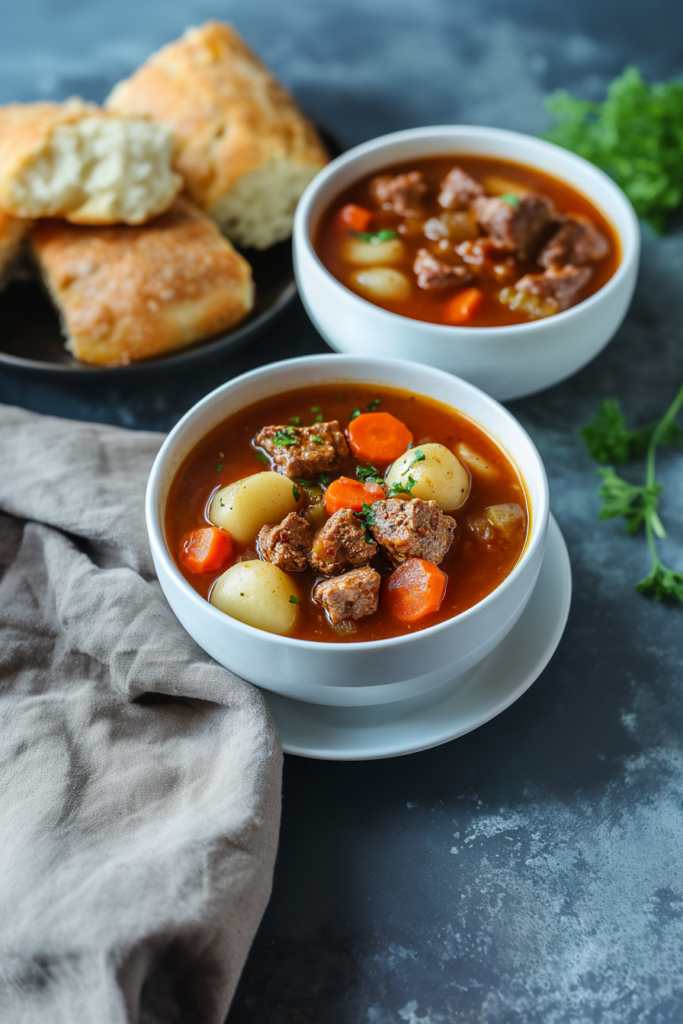 Homemade stew with root vegetables and fresh herbs