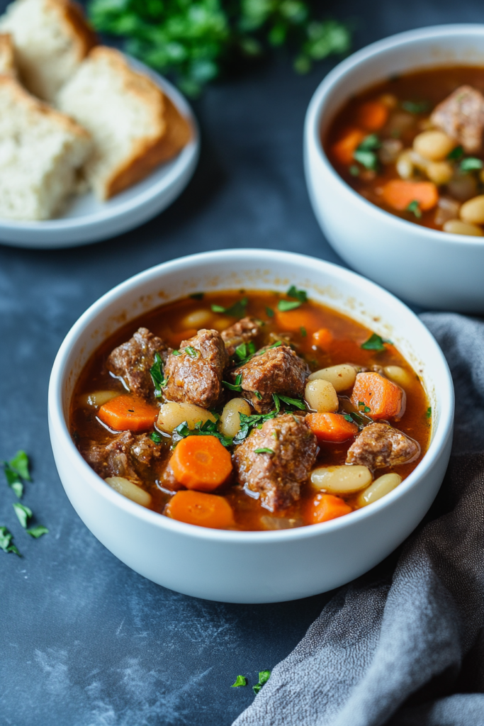 Hearty beef and vegetable stew served in a white bowl