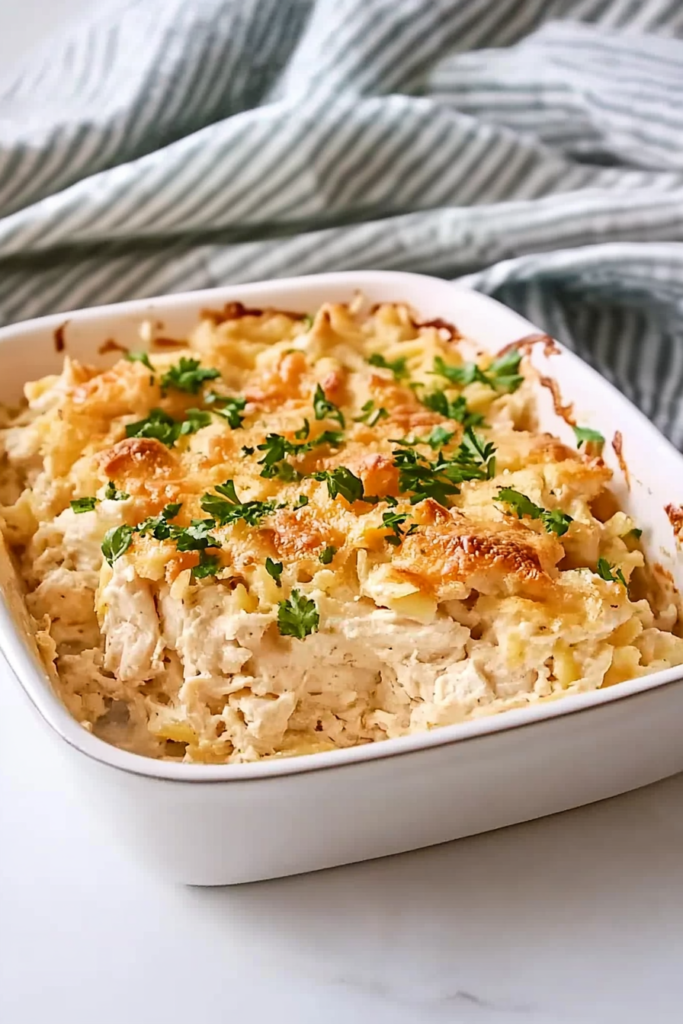 Baked chicken dish with a creamy texture and cheesy top, garnished with parsley.