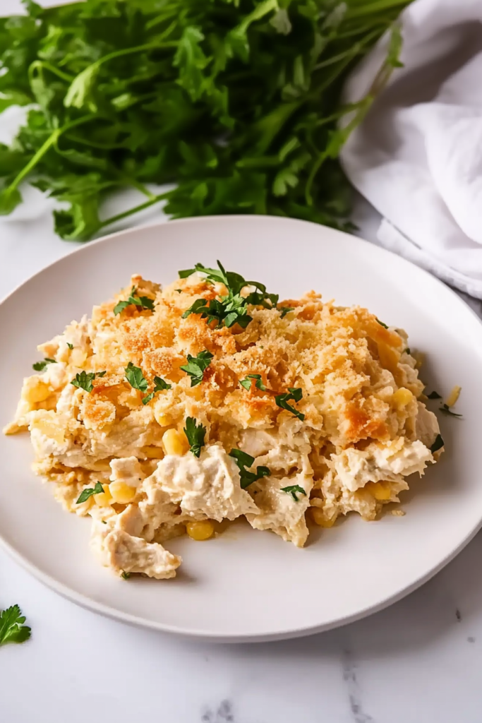 Comfort food chicken casserole with shredded chicken, creamy sauce, and melted cheese.
