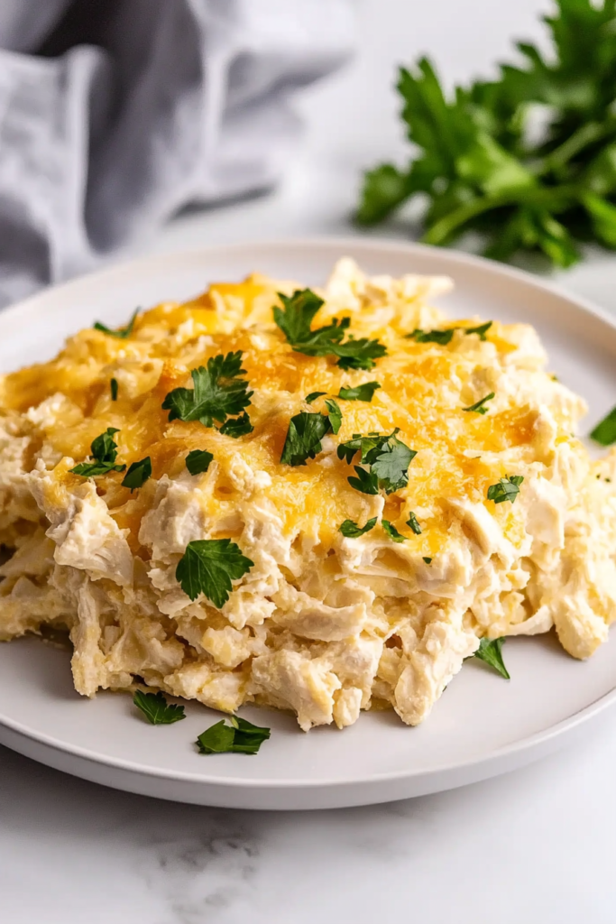 Rich and creamy chicken casserole with a bubbly cheese topping, ready to serve.