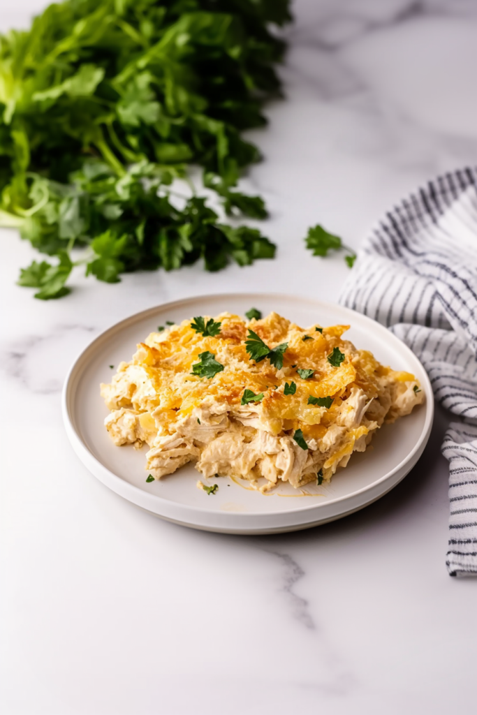 Cheesy chicken bake with a golden crust and herb garnish, served on a simple plate.