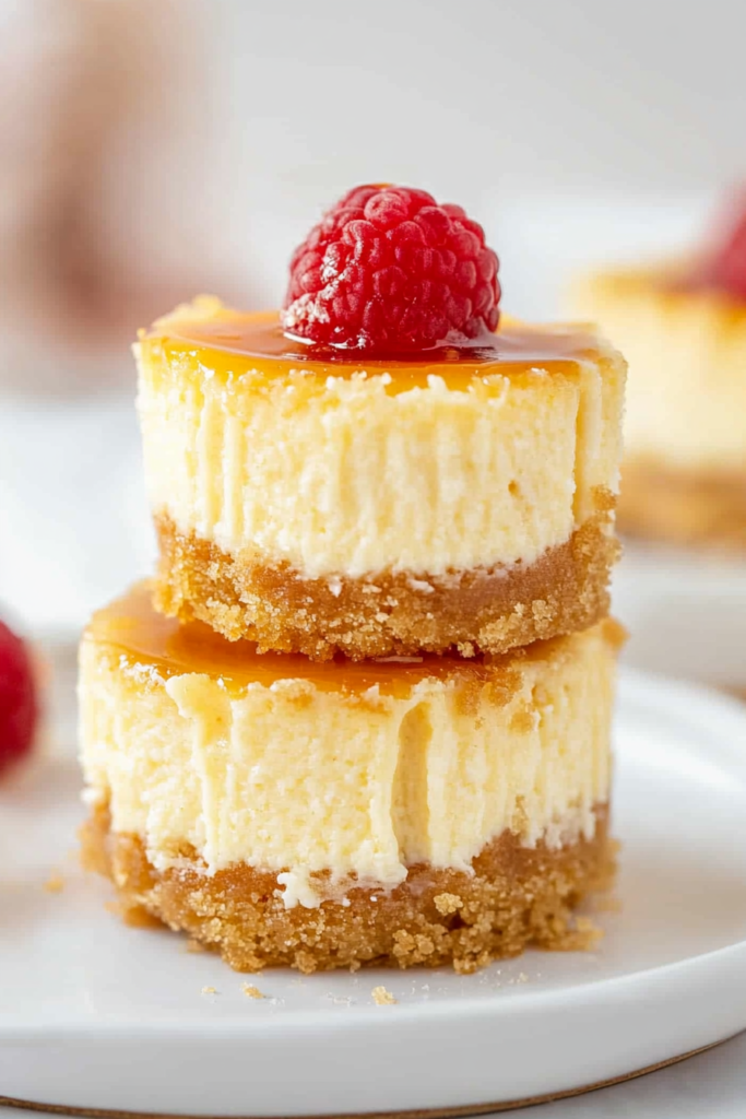 A plate of creamy bite-sized cheesecakes topped with glossy strawberries.
