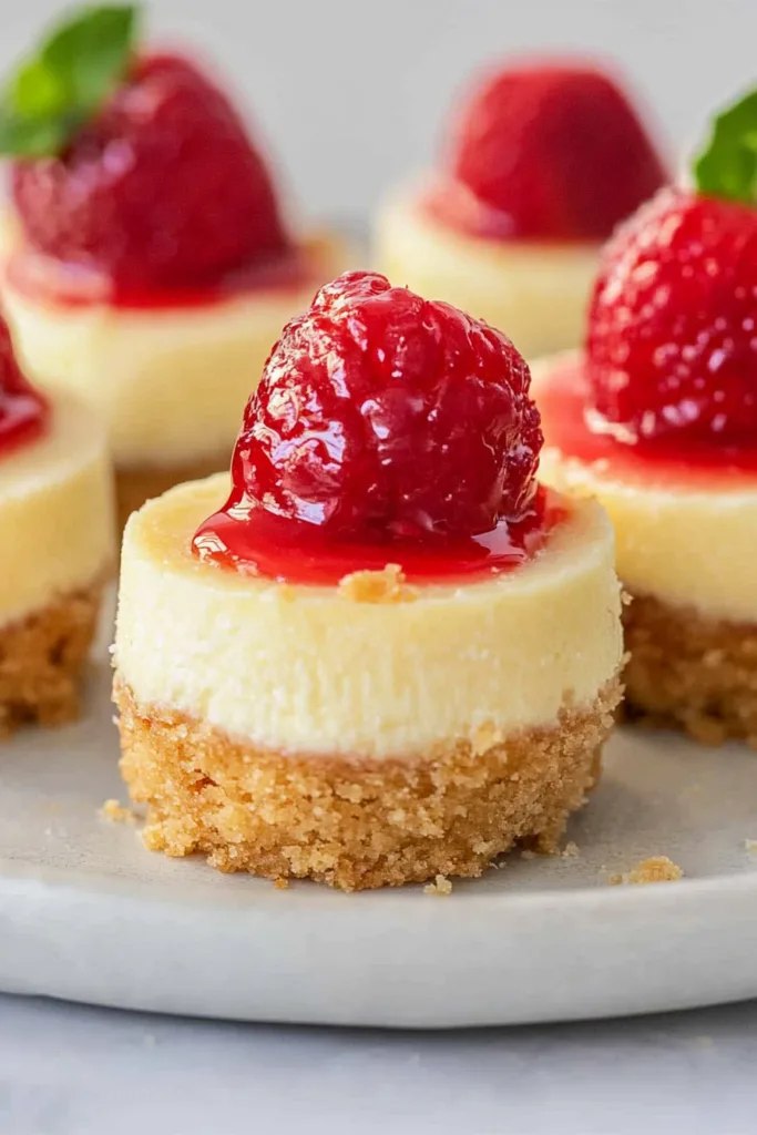 A cluster of small cheesecakes with vibrant red toppings, highlighting their rich texture.