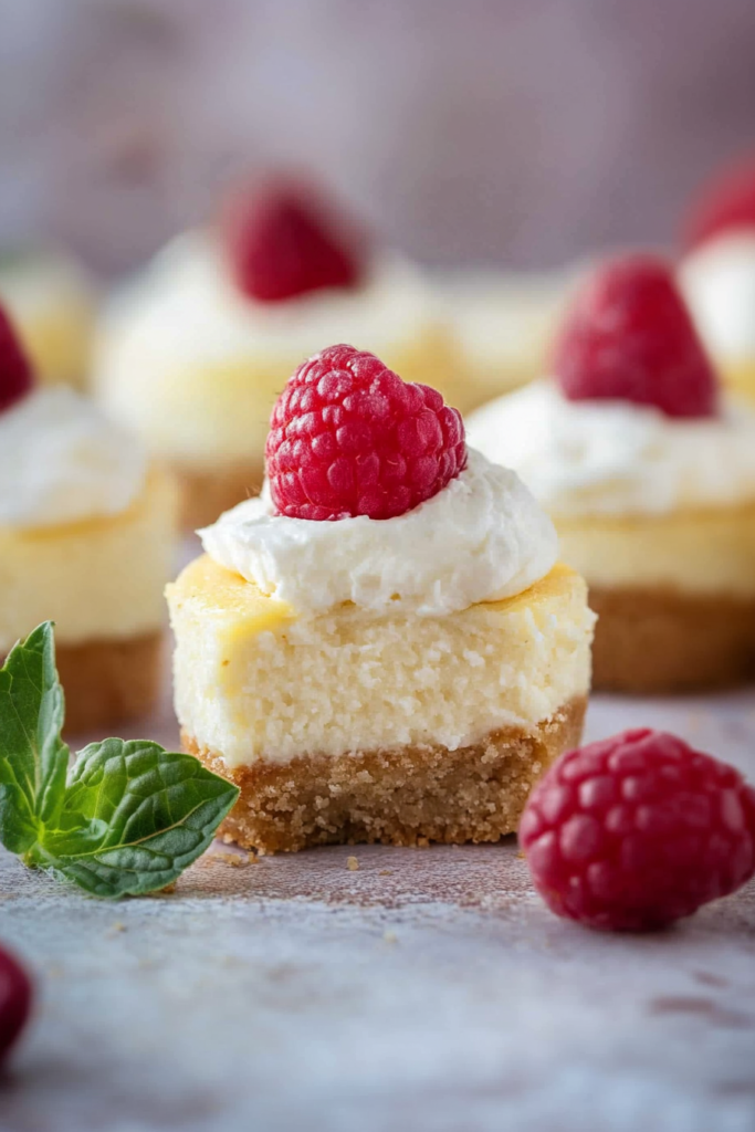 Individual cheesecake garnished with a drizzle of strawberry sauce and fresh fruit.