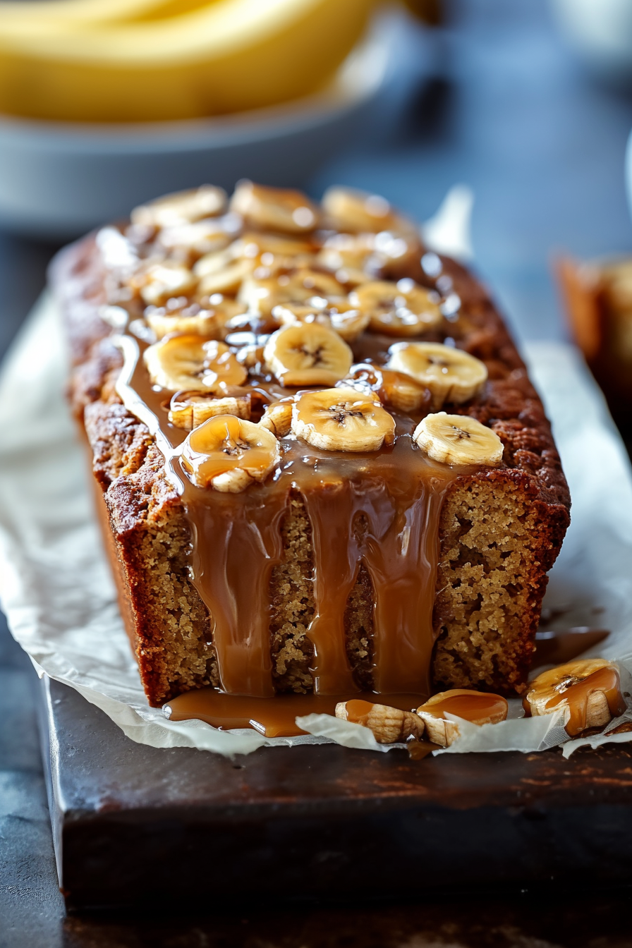 Homemade banana bread decorated with banana slices and syrup