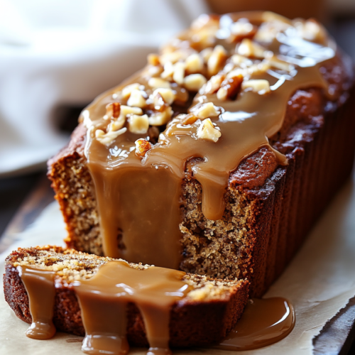 hick slice of banana loaf with glossy caramel topping