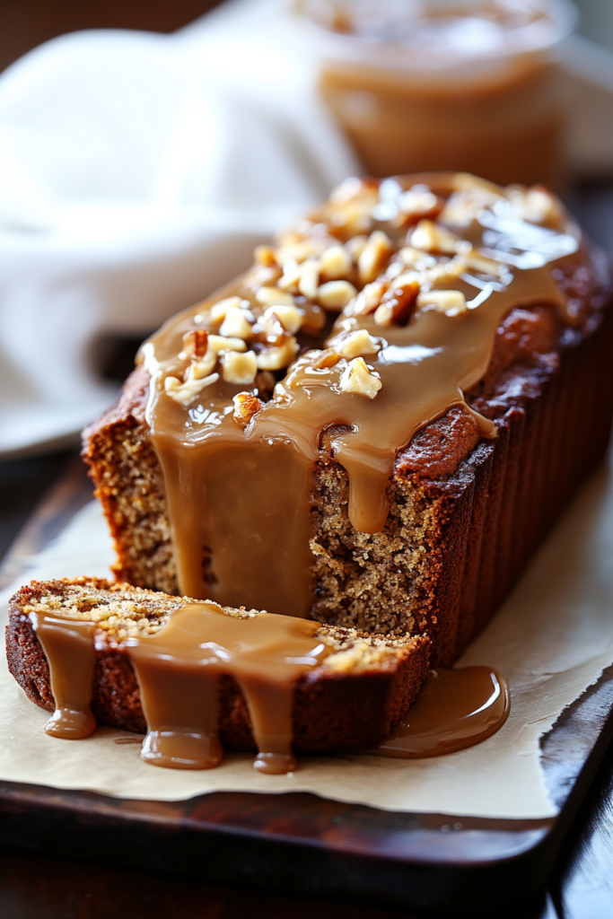 hick slice of banana loaf with glossy caramel topping