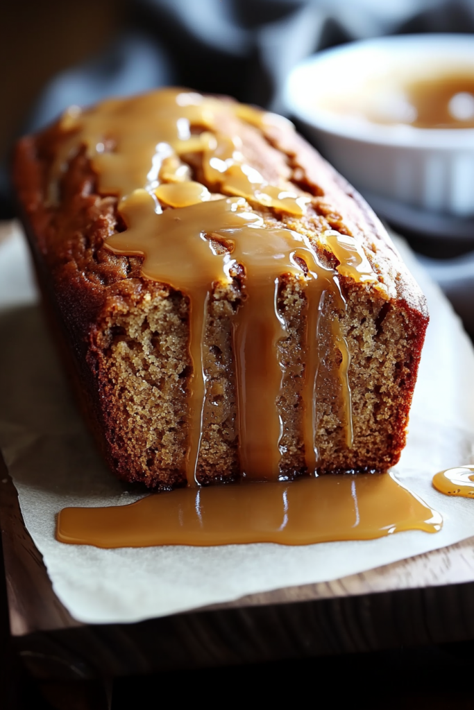 Freshly baked banana bread with caramel sauce dripping over the top