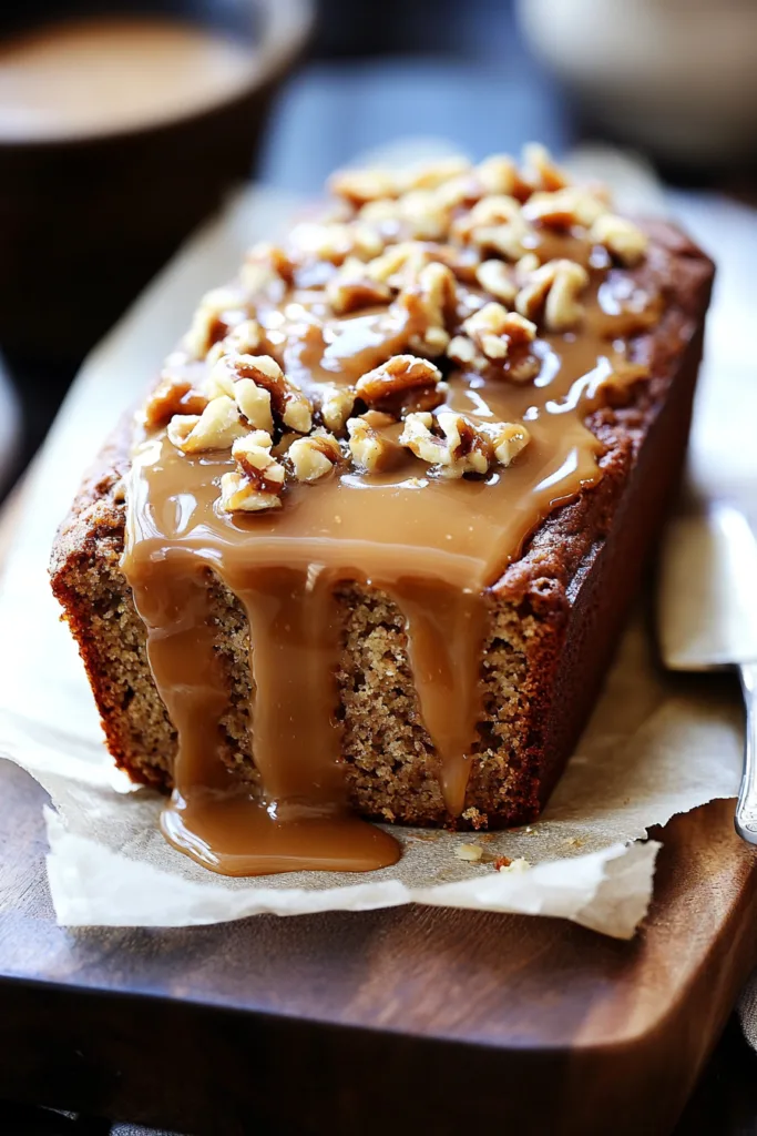 Close-up of a glazed banana loaf with soft crumb texture