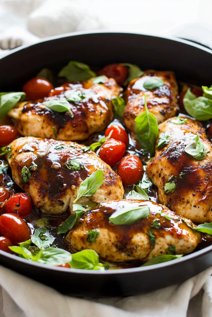 Final plated shot of One Pan Balsamic Chicken, highlighting the caramelized glaze and fresh garnish.