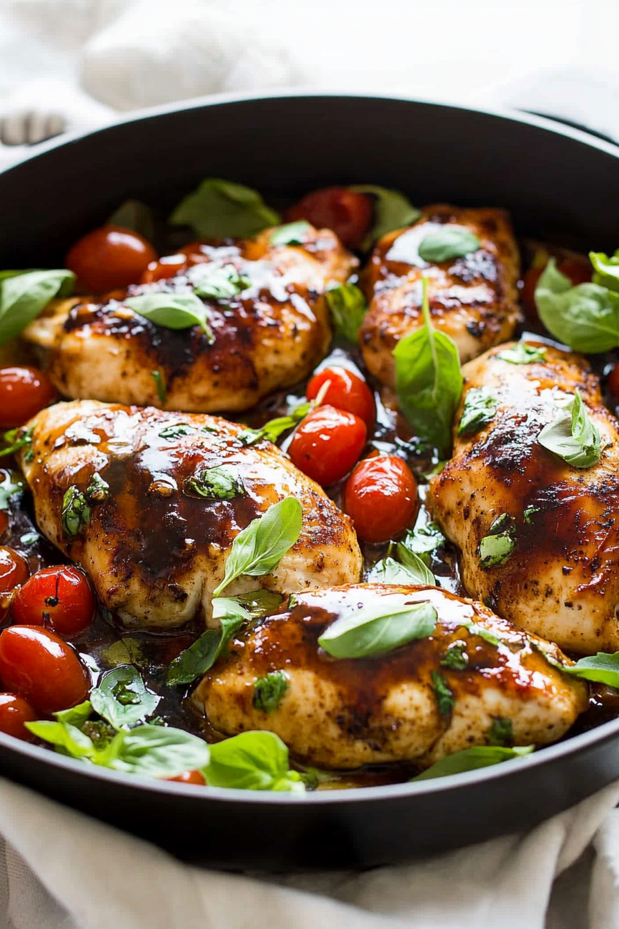 Final plated shot of One Pan Balsamic Chicken, highlighting the caramelized glaze and fresh garnish.
