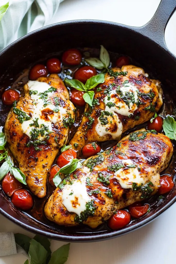 One Pan Balsamic Chicken Recipe served hot in a rustic skillet with basil leaves and tomatoes.