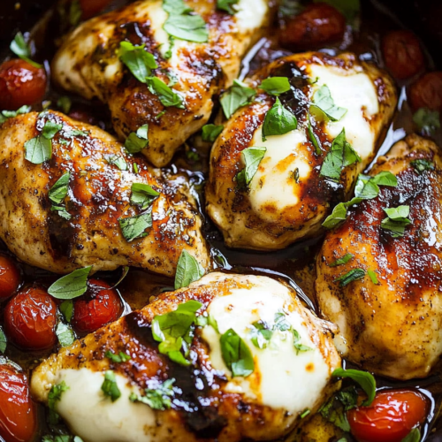 Close-up of tender chicken coated in a glossy balsamic glaze, surrounded by fresh tomatoes.