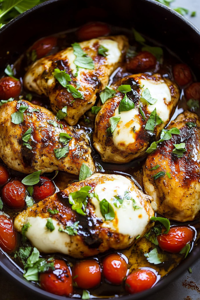 Close-up of tender chicken coated in a glossy balsamic glaze, surrounded by fresh tomatoes.
