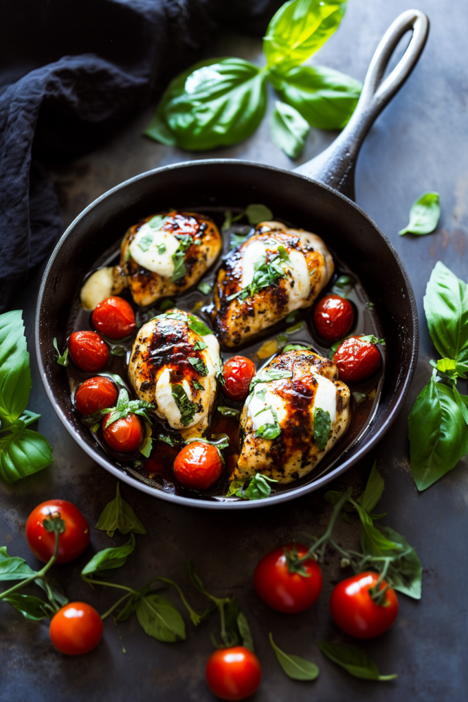 Juicy chicken fillets resting in rich balsamic reduction, accented with bright herbs and vegetables.