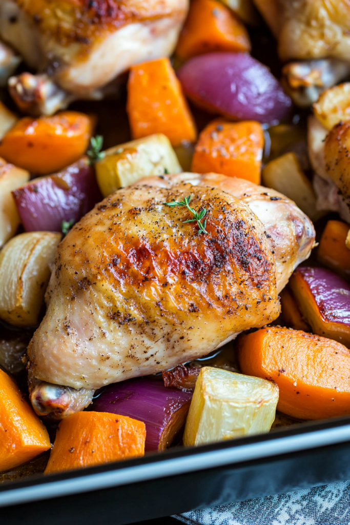 Golden chicken with tender roasted root vegetables on a sheet pan.