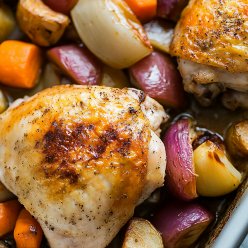 Close-up of crispy roasted chicken and caramelized vegetables.