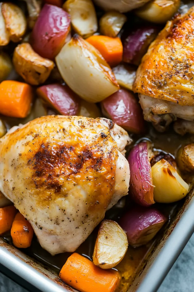Close-up of crispy roasted chicken and caramelized vegetables.