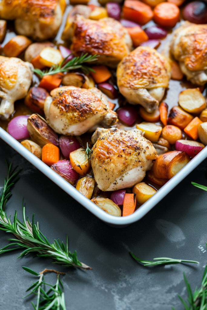 Juicy roast chicken served with colorful vegetables in a pan.