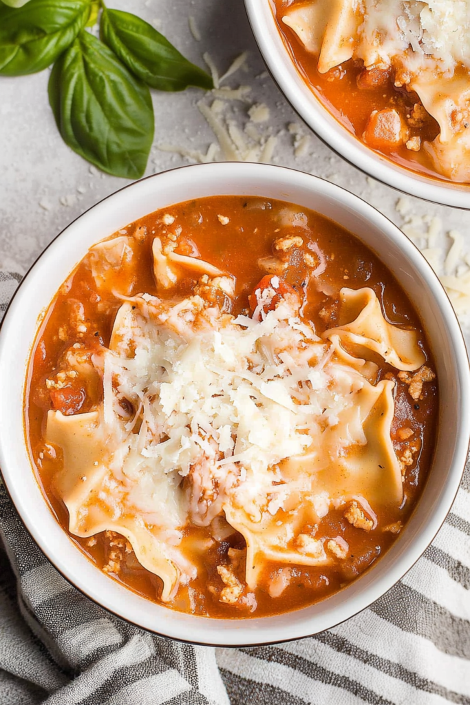 Bowl of tomato-based soup with lasagna noodles, ground meat, and fresh basil on top.