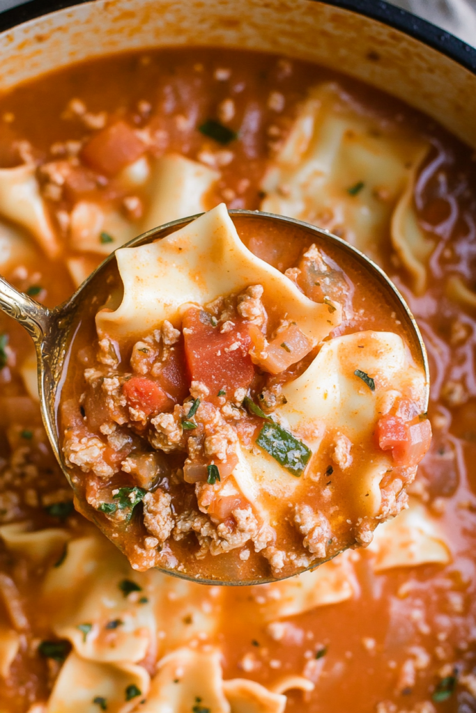 Close-up of pasta soup garnished with grated cheese and basil leaves.