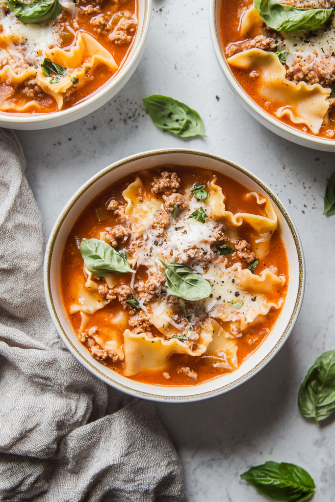 Top-down view of a rustic red broth with melted cheese and torn pasta sheets.