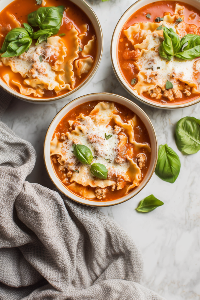 Hearty noodle soup served in a shallow bowl with visible herbs and meat.