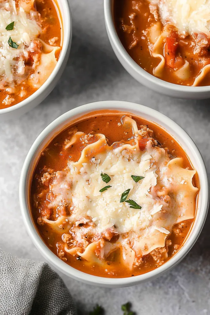 Warm, cheesy pasta soup with ruffled noodles and ground beef pieces.