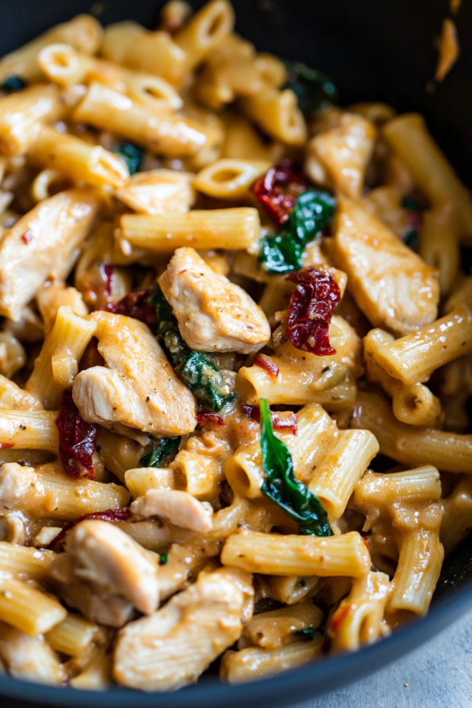 Close-up of creamy penne pasta with chicken, spinach, and sun-dried tomatoes in a rich sauce.