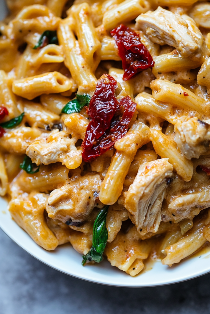 Overhead view of pasta tossed with chicken and spinach, glistening in a savory orange-hued sauce.