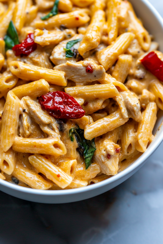 White bowl filled with golden pasta coated in velvety sauce, garnished with wilted greens.