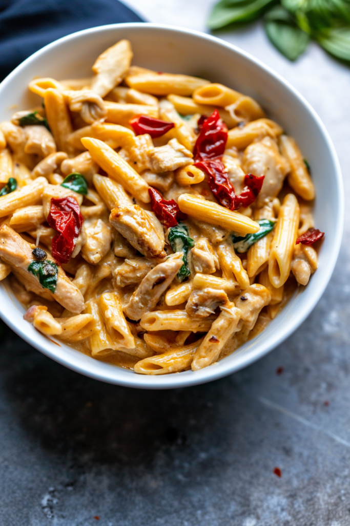 Final plated serving of One-Pot Marry Me Chicken Pasta, showcasing its rustic, saucy finish.