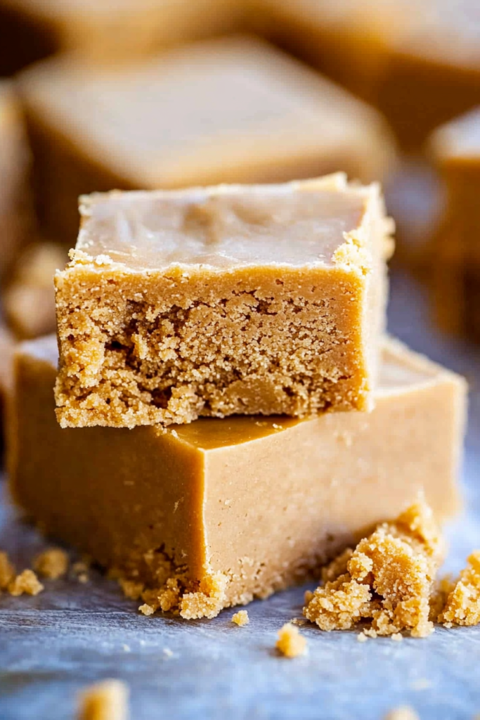 Two stacked squares of golden-brown fudge with a crumbly texture and smooth surface