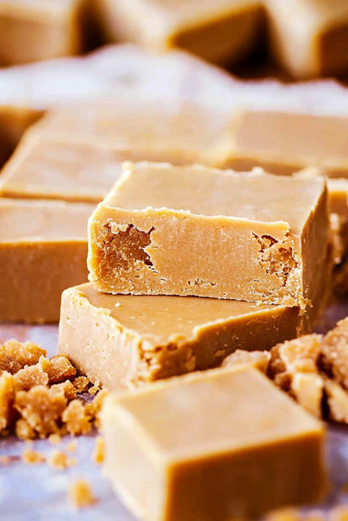 Neatly cut fudge cubes arranged on a plate with scattered crumbs for a rustic look