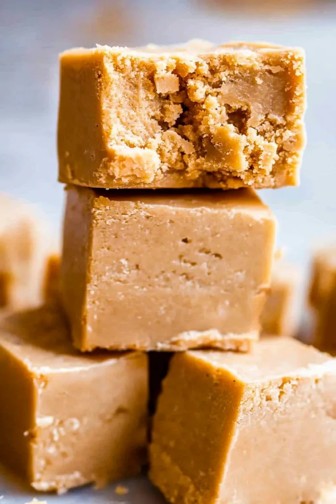 Close-up of rich, caramel-colored fudge pieces highlighting their dense and creamy consistency