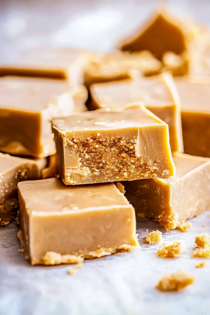 Final presentation of Penuche Fudge with neatly stacked pieces ready to enjoy