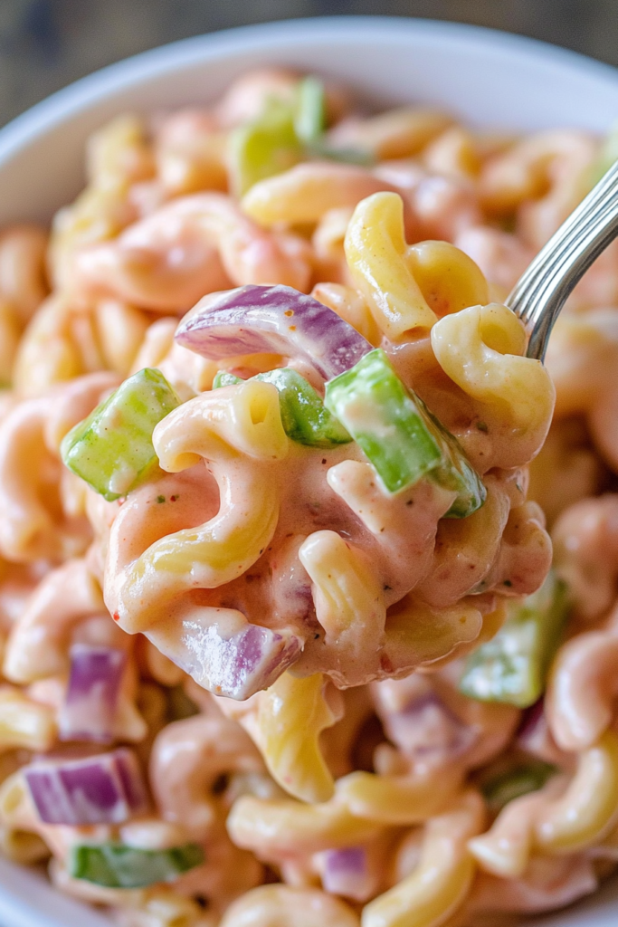 Creamy pasta salad coated in a pink dressing with crunchy peppers and red onion.
