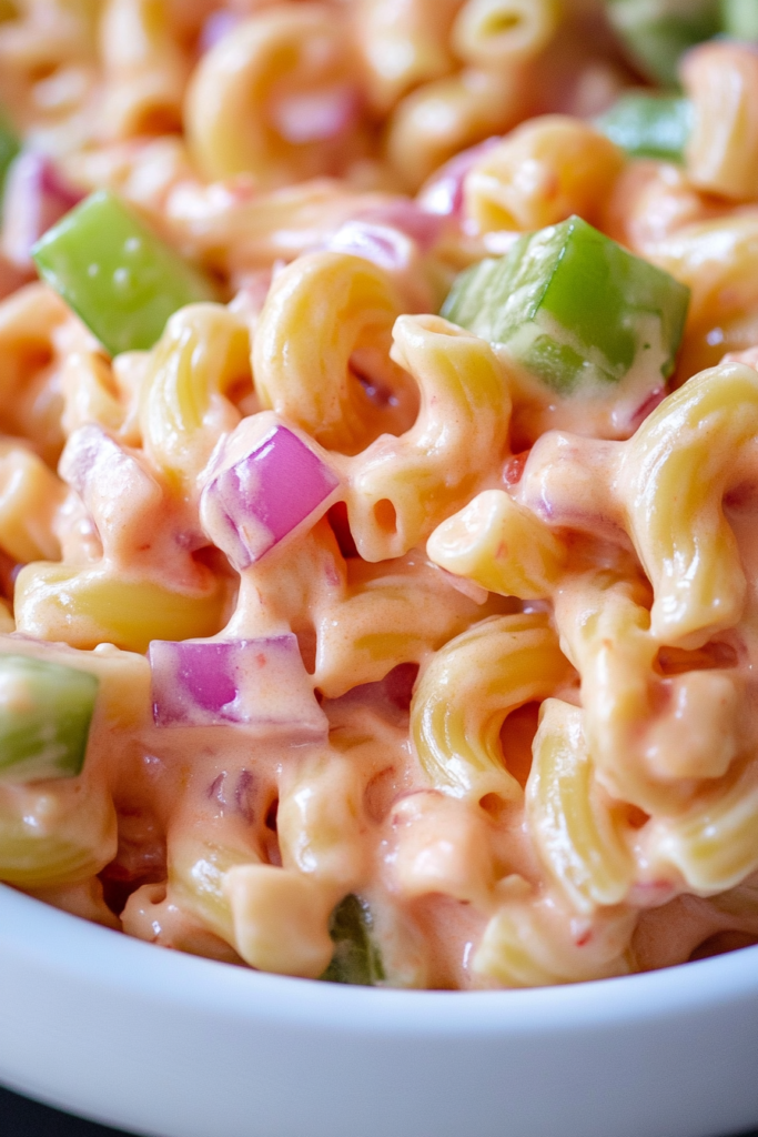 Close-up of curly pasta tossed in a smooth, rosy sauce with fresh vegetables.