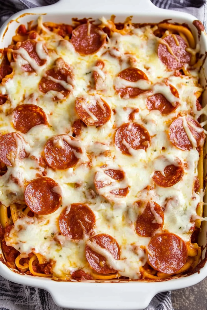 Golden baked casserole topped with melted mozzarella and pepperoni slices in a white ceramic dish.